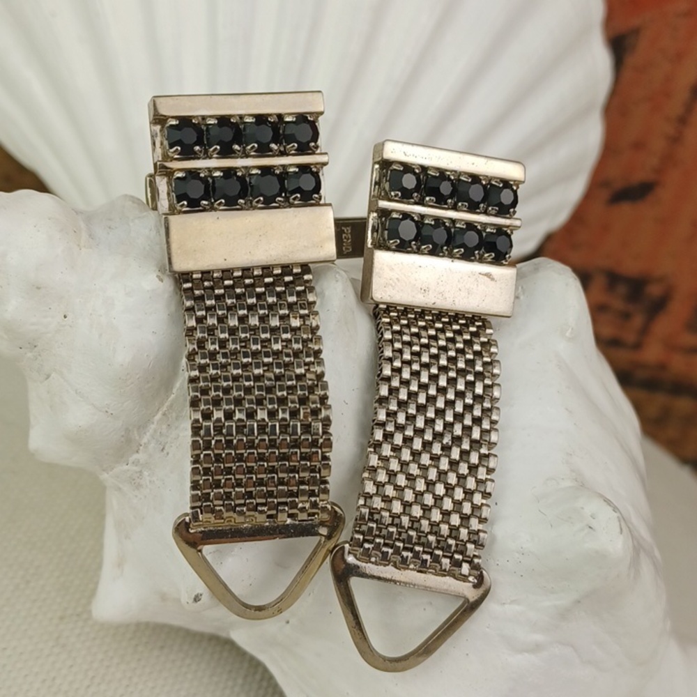 🌻3 For $15 Vintage Style Silver-Tone Mesh Cufflinks with Black Faceted Stones